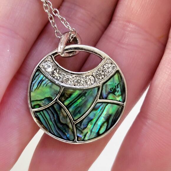 Silver Chain Necklace With Round Abalone Shell Pendant And Crystal Wave Accent - Picture 8 of 10